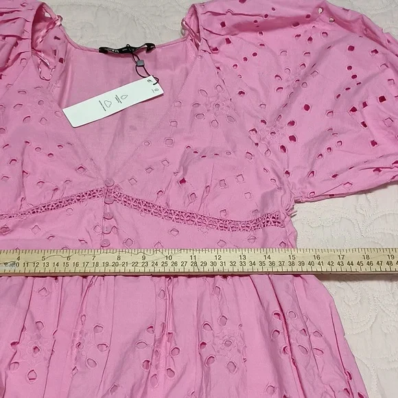 Zara pink Eyelet Tiered Puff-Sleeve Dress NWT - Picture 6 of 10